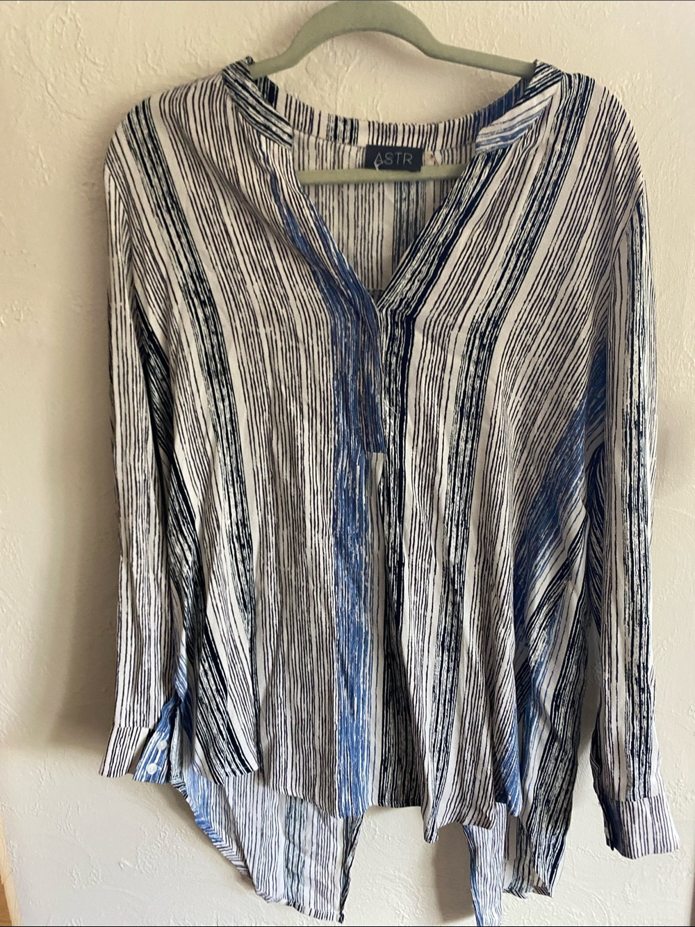 Astr Blue and White Striped Button-Down Blouse